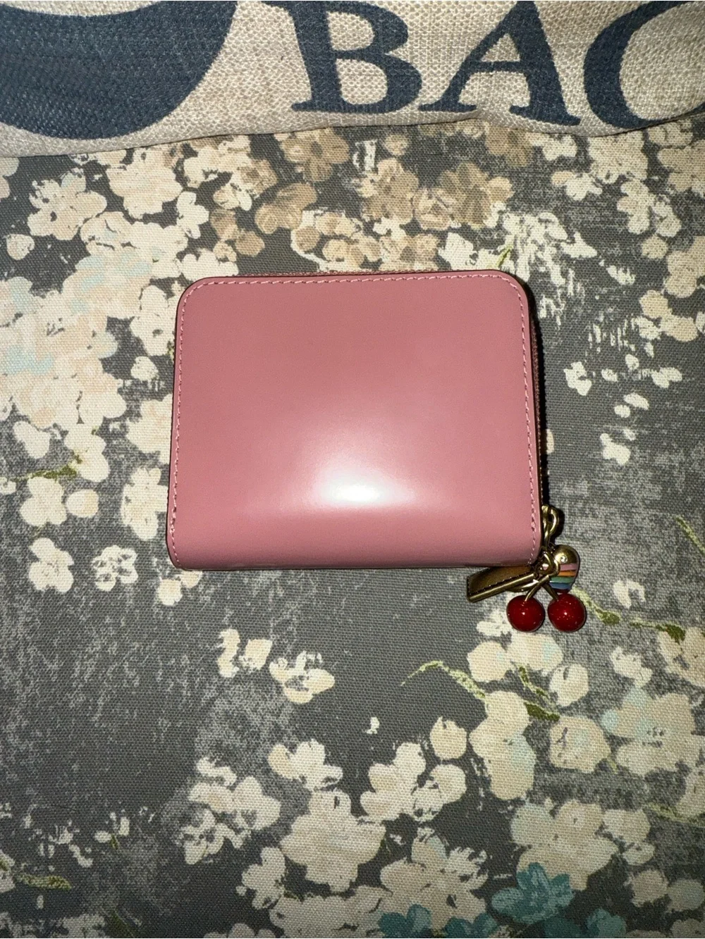 Coach Pink Zip Card Wallet with Cherry and Heart Charms